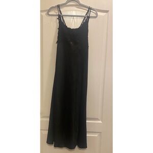 Flora Slip Dress Black Satin Floral Lace Applique Midi Double Strap Sleeveless